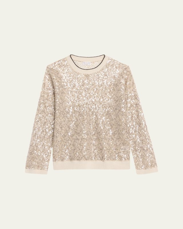 Linen-Silk Paillette Open Knit Crewneck Sweat